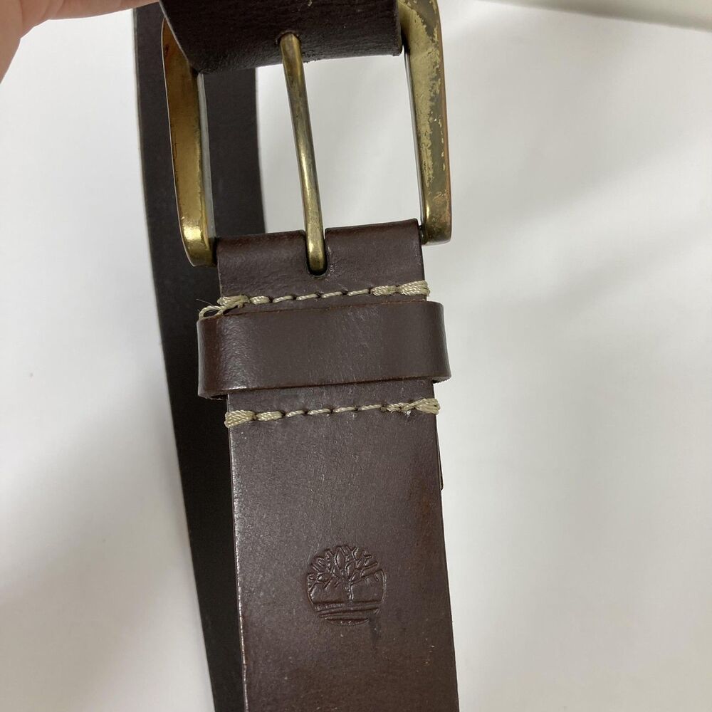Timberland Leather Belt Mens 32 Brown Antique Brass Buckle Tree Logo Casual - Picture 14 of 14